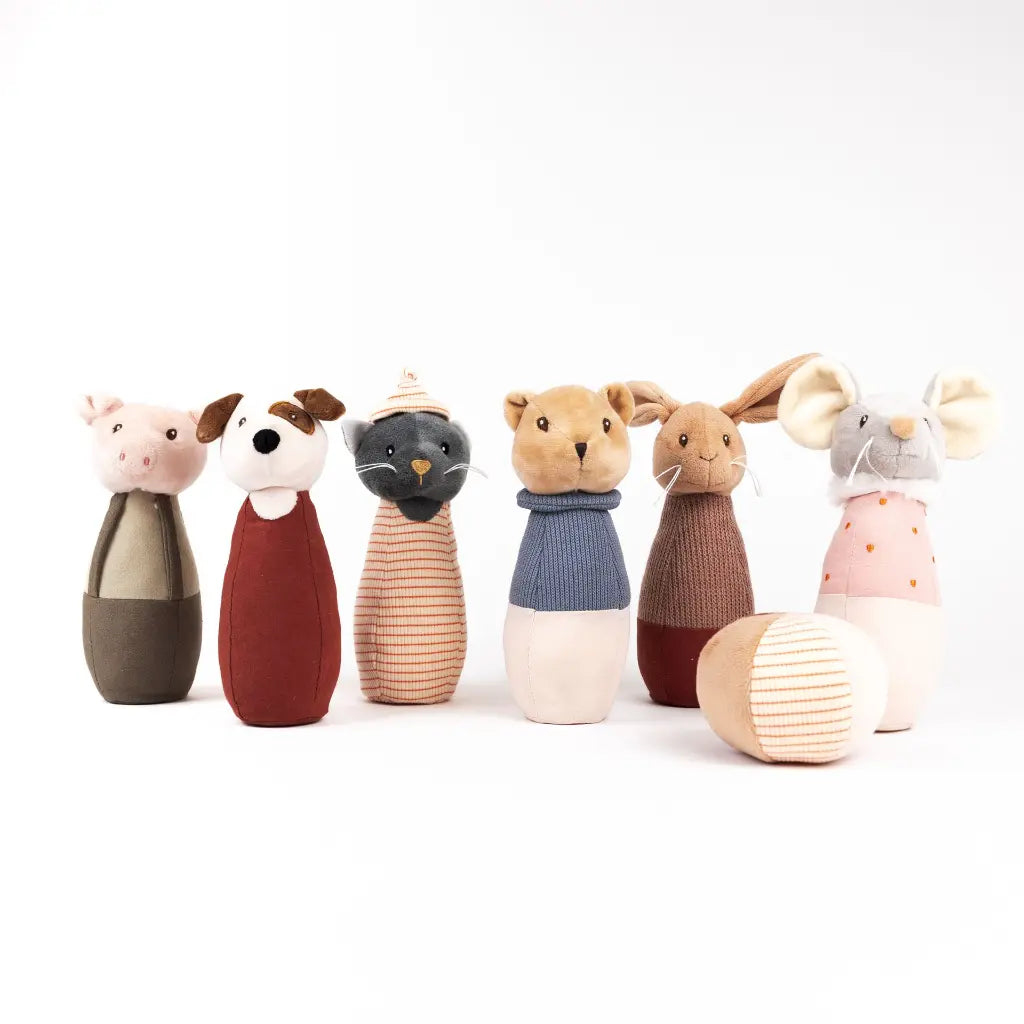 Jeu de quilles Amis – 5 animaux en velours et une balle