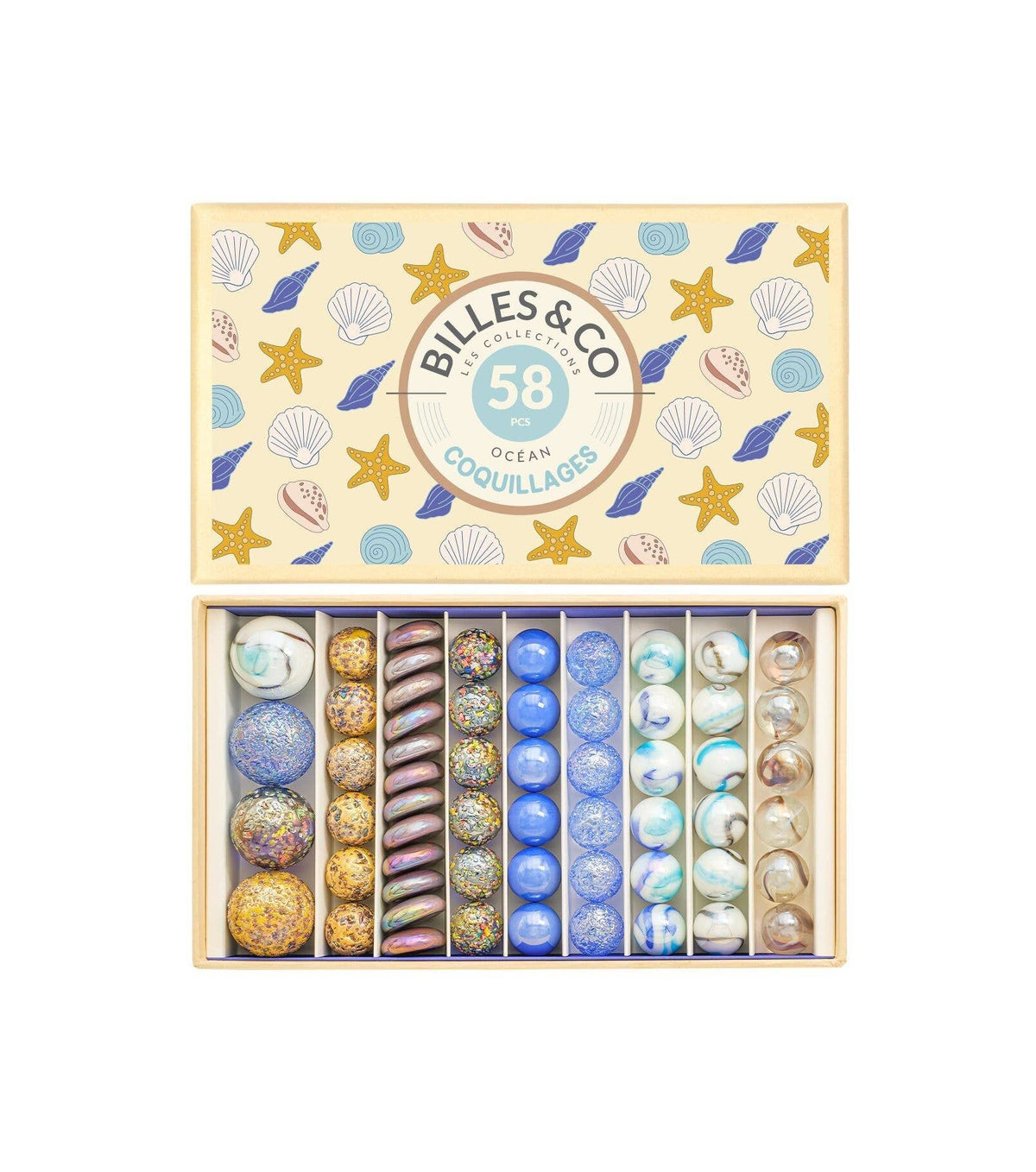 Grand coffret de billes – Coquillages – 58 pièces
