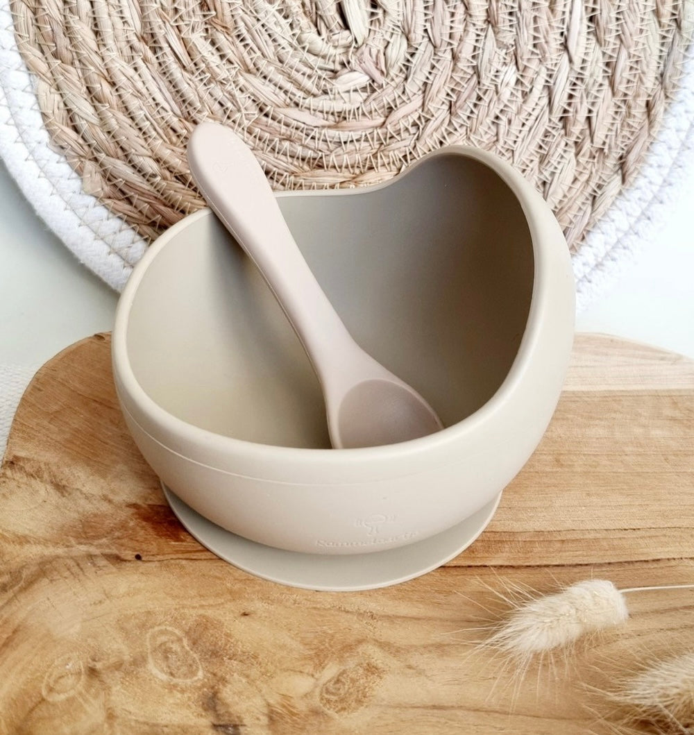 Bol couleur beige en silicone alimentaire avec ventouse et cuillère