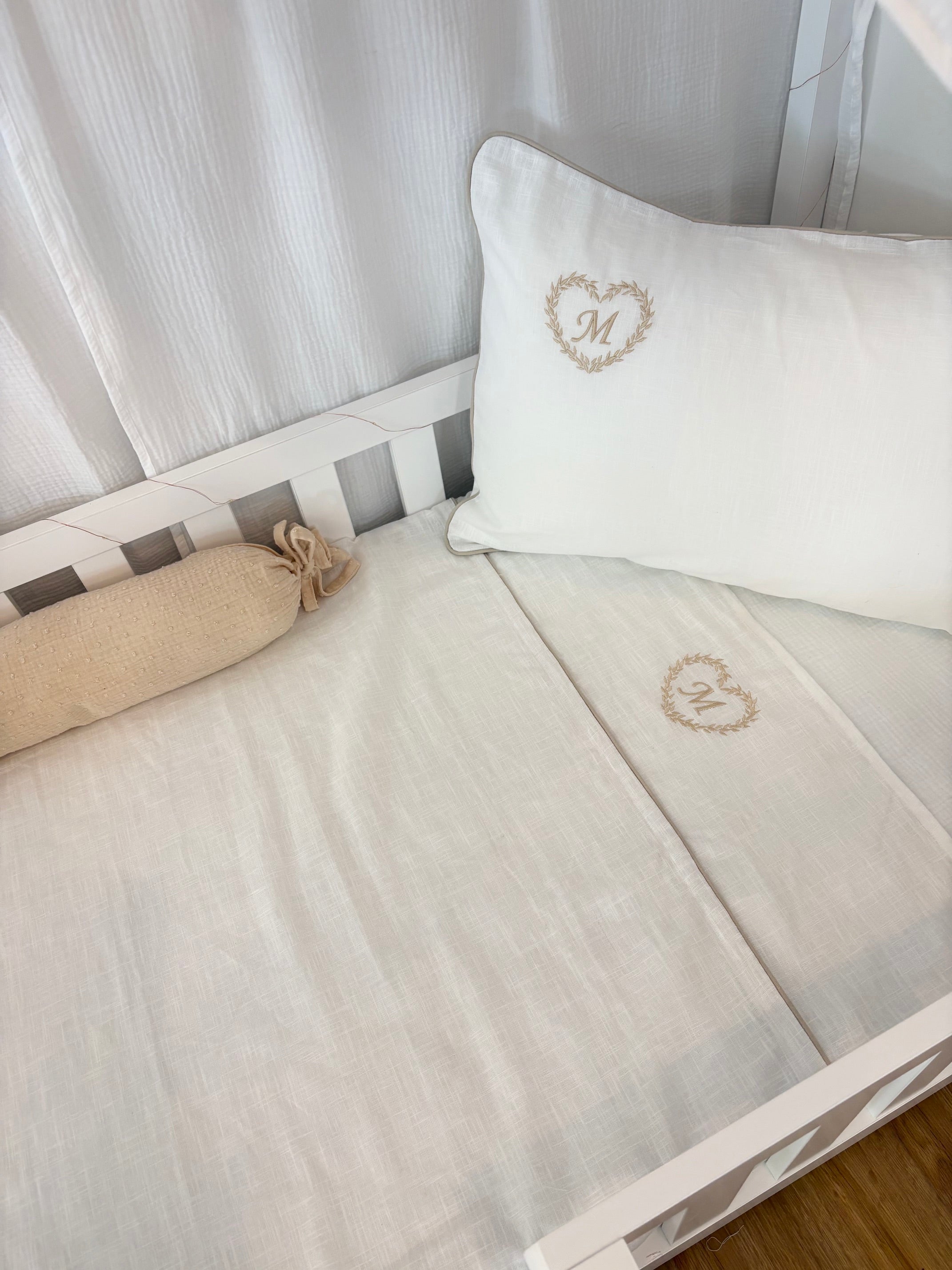 Drap plat brodé personnalisable + taie assortie – Lin & coton