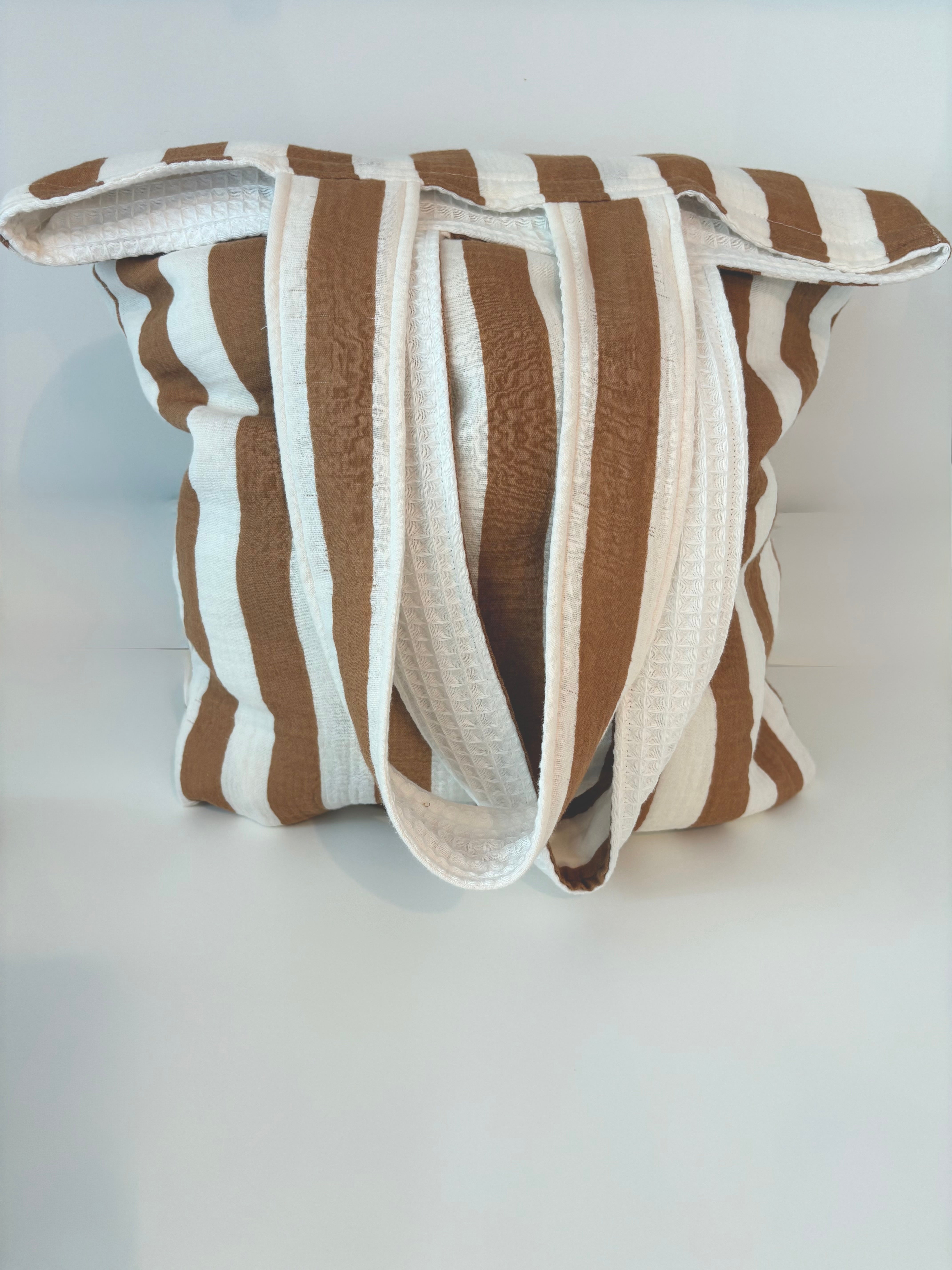 Parure de Plage "Rivage" – Trio en Gaze de Coton Rayée Moka