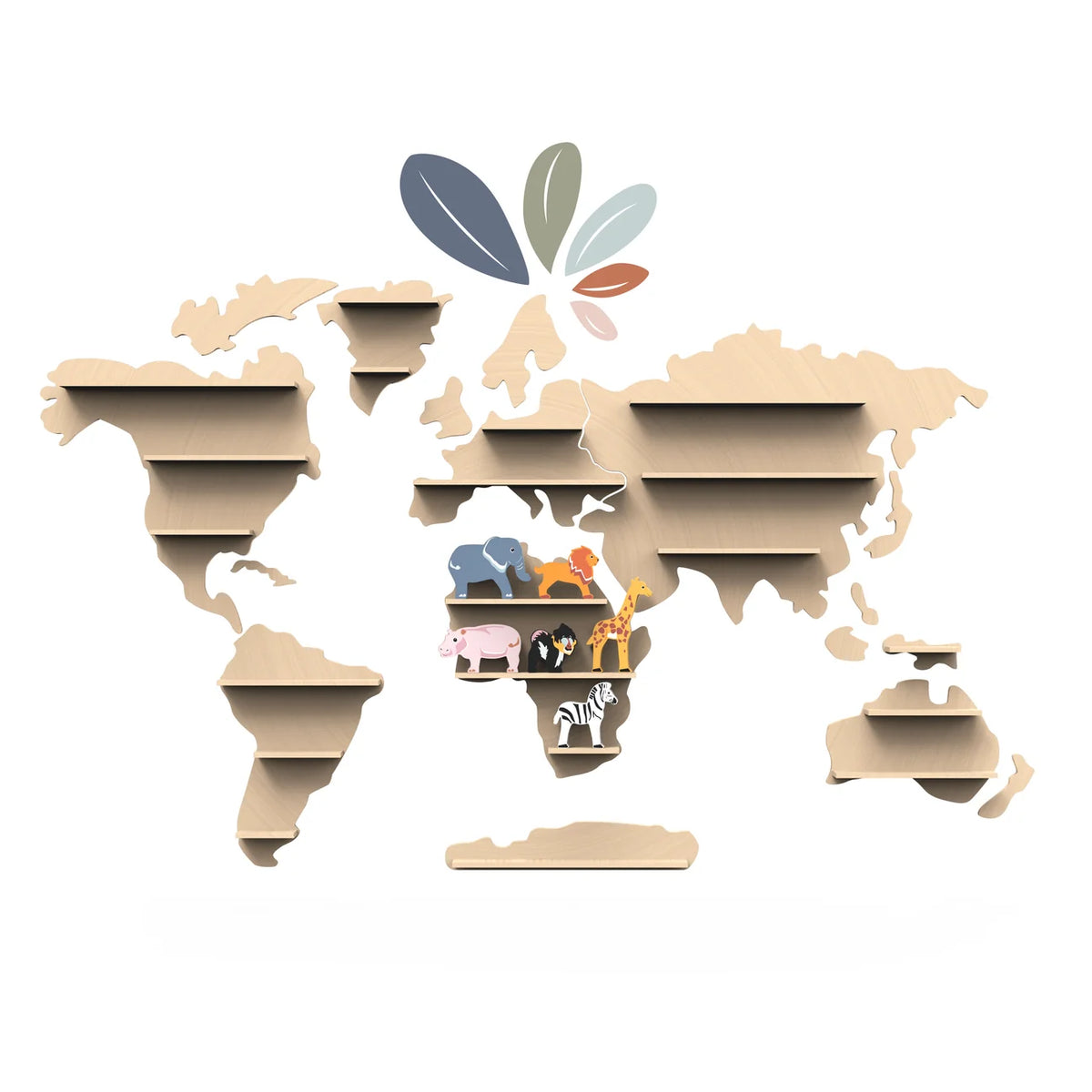 Carte du monde étagère avec 6 animaux en bois – Speedy Monkey