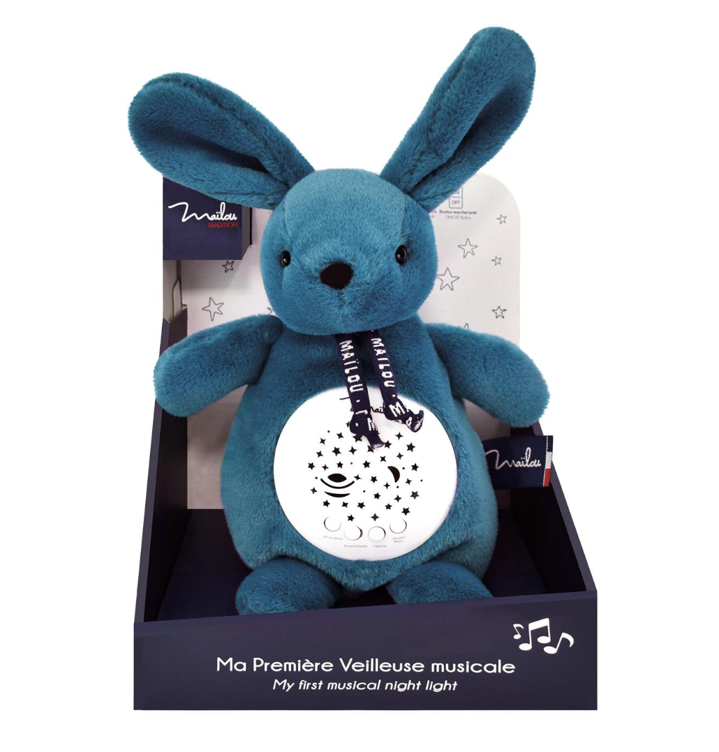 Veilleuse musicale & projecteur d'étoiles - Lapin bleu minéral Maïlou 19 cm