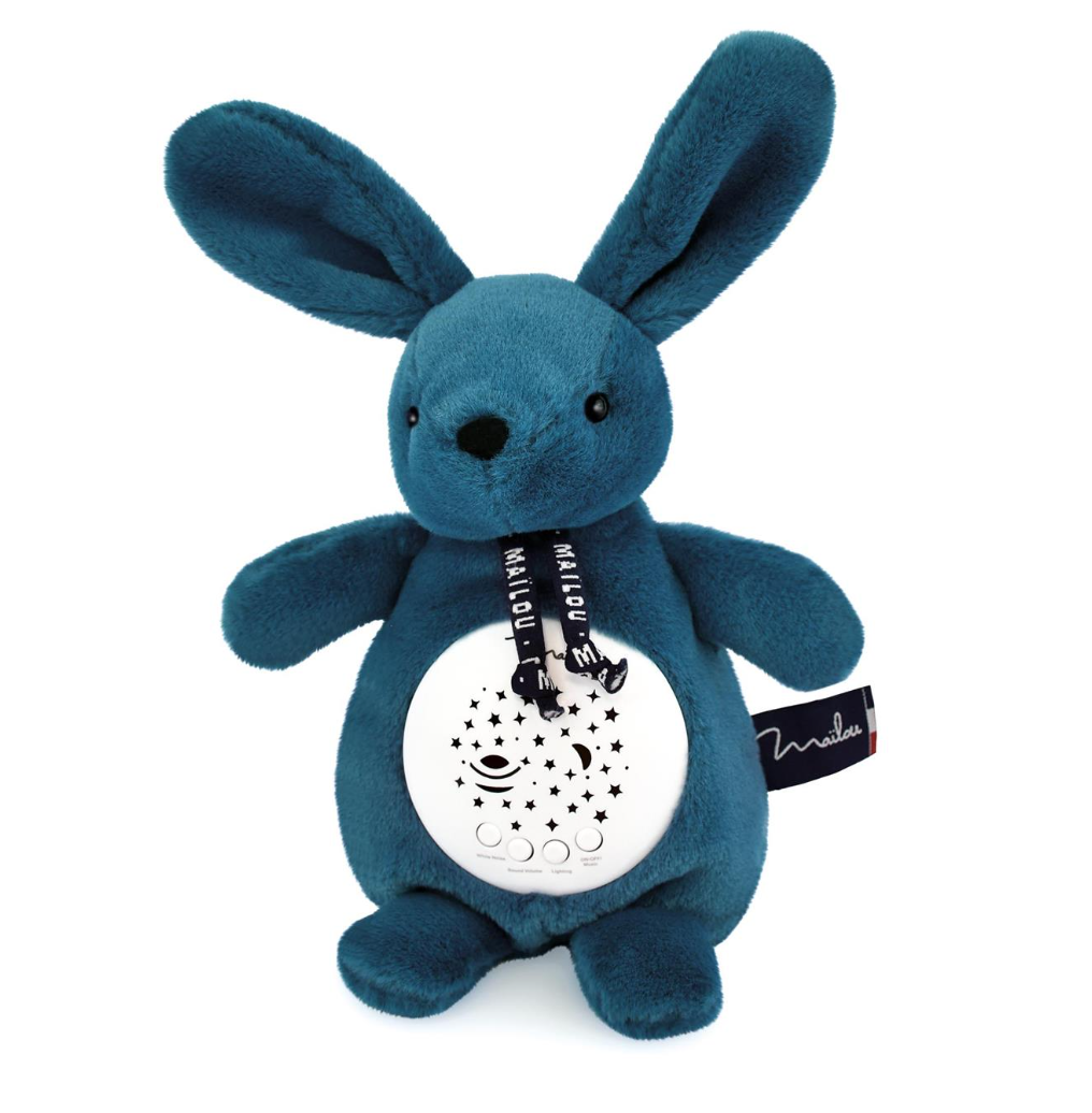 Veilleuse musicale & projecteur d'étoiles - Lapin bleu minéral Maïlou 19 cm