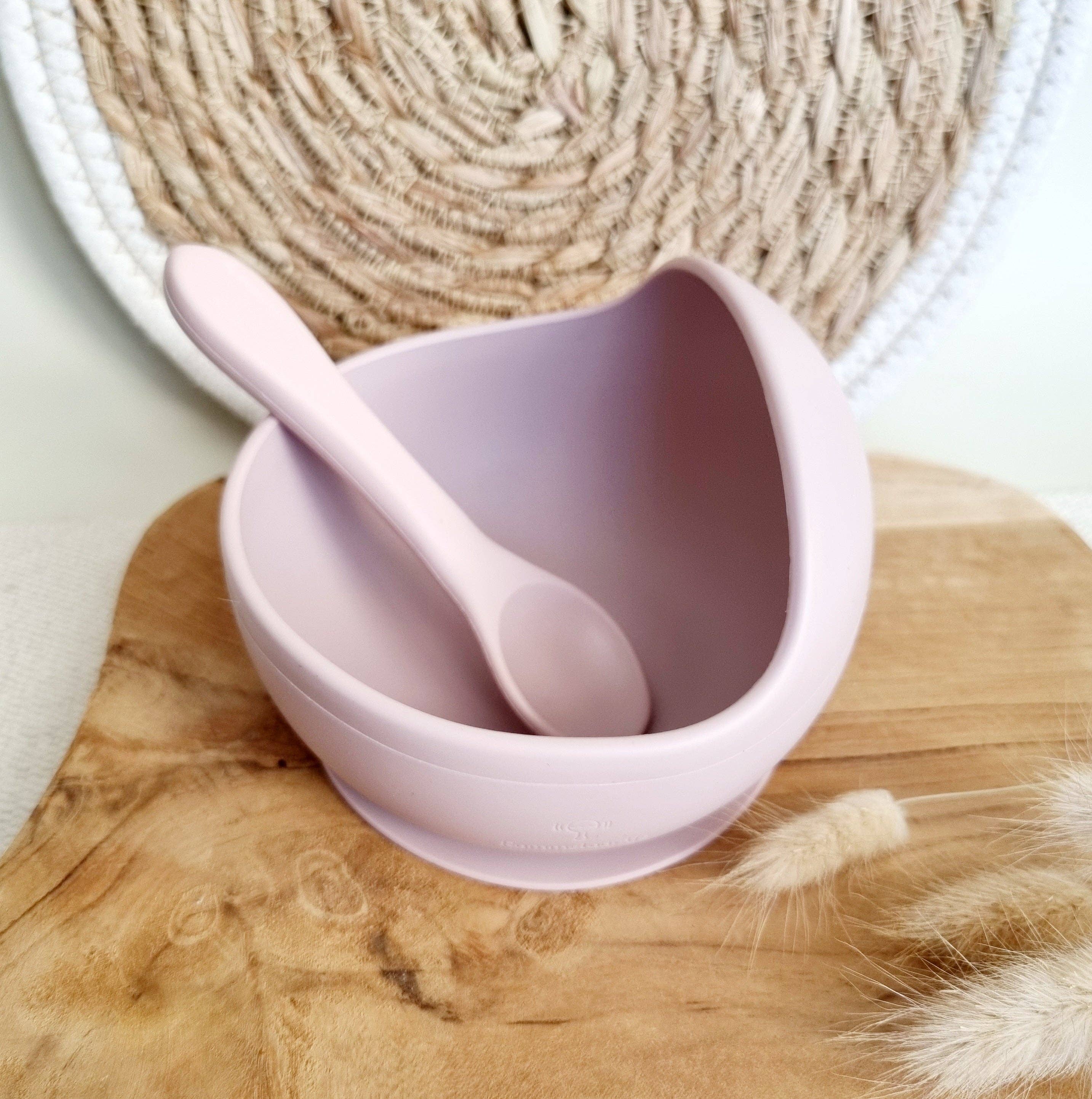 Bol lila doux en silicone avec ventouse et cuillère