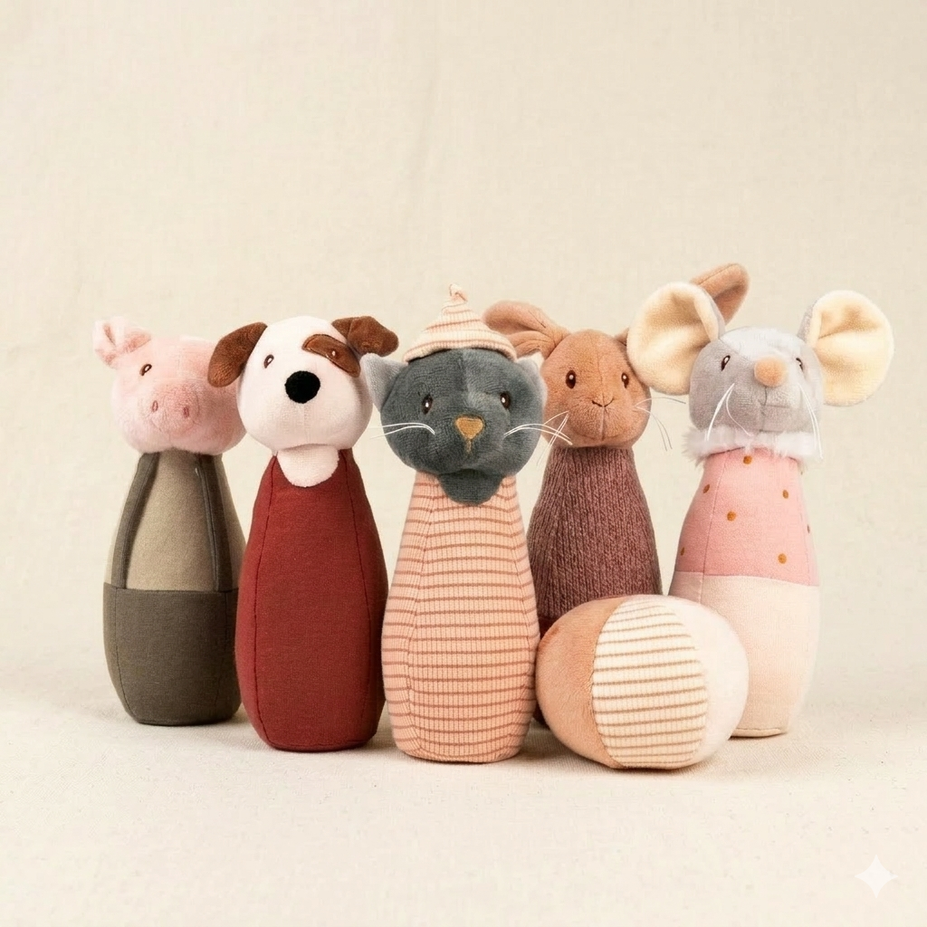 Jeu de quilles Amis – 5 animaux en velours et une balle