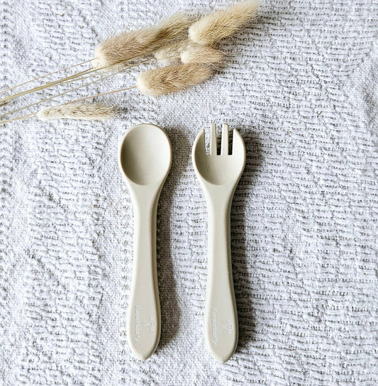Set cuillère et fourchette en silicone beige