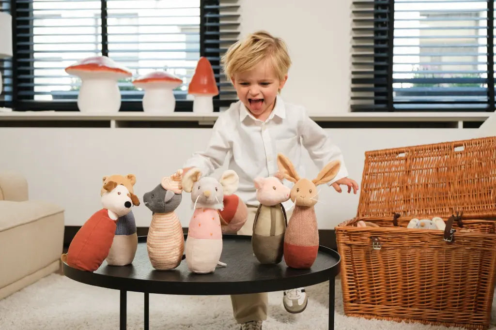 Jeu de quilles Amis – 5 animaux en velours et une balle