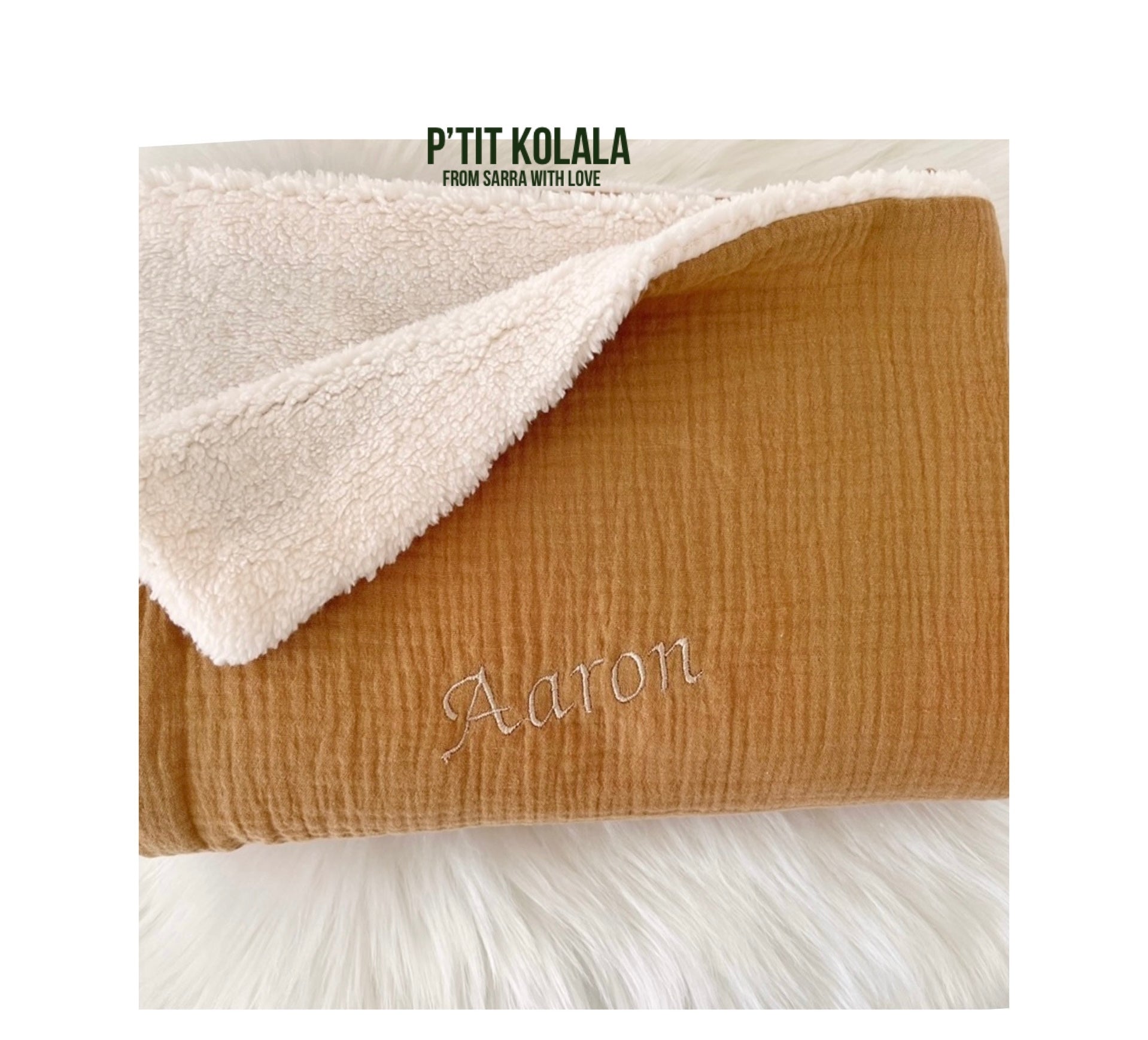 Couverture naissance gaze de coton uni et sherpa écru