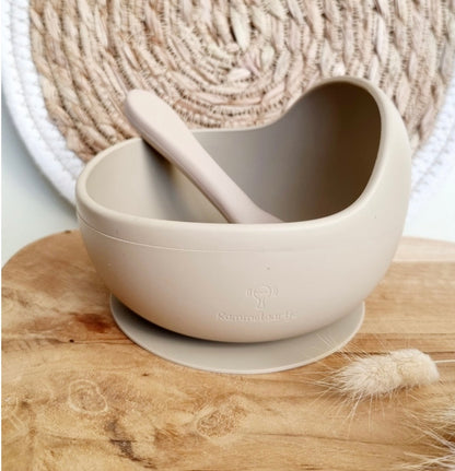 Bol couleur beige en silicone alimentaire avec ventouse et cuillère