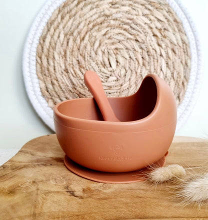 Bol en silicone alimentaire avec ventouse et cuillère couleur rouille