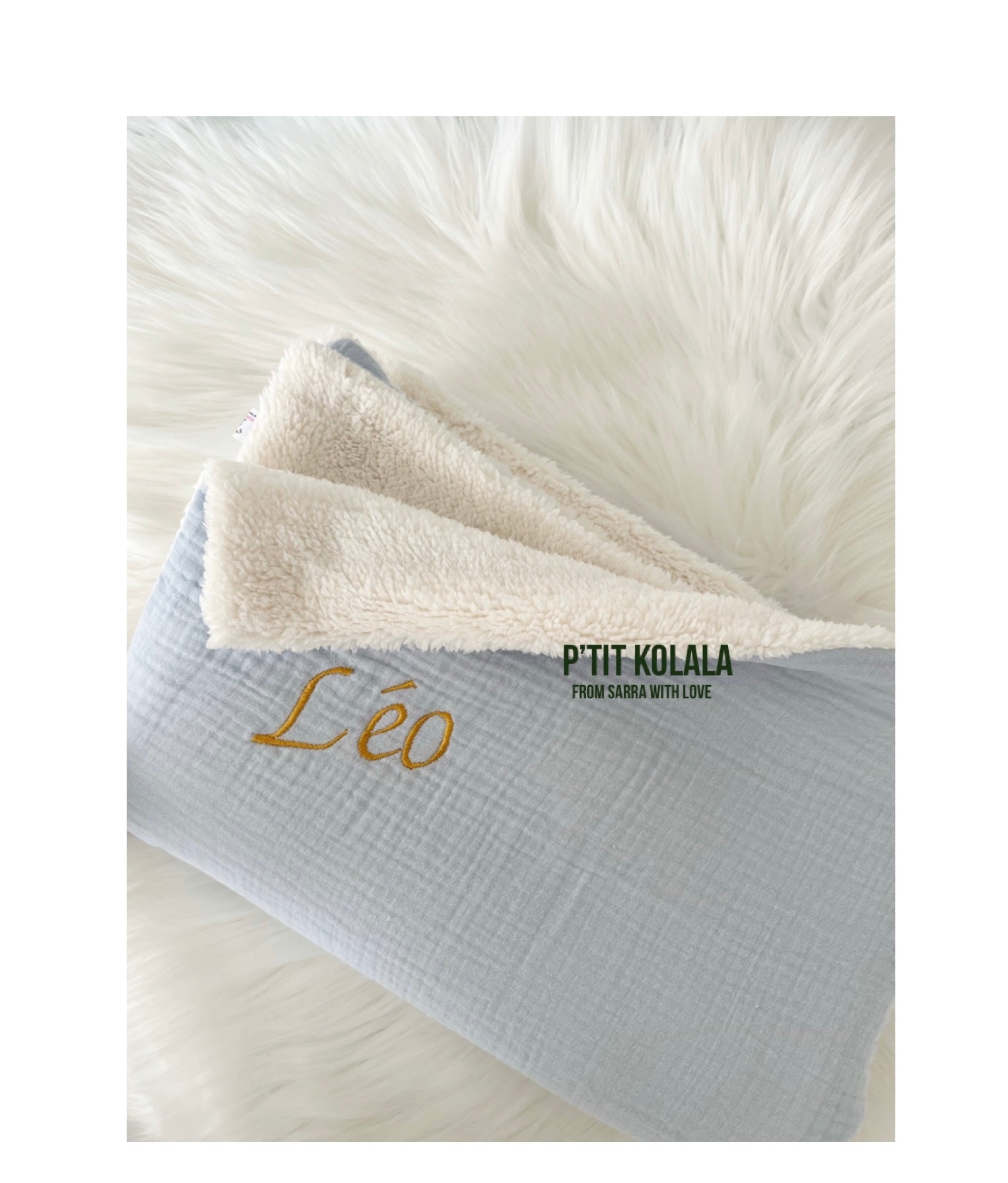 Couverture naissance gaze de coton uni et sherpa écru