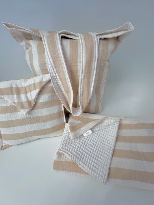 Parure de Plage "Rivage" – Trio en Gaze de Coton Rayée Ecru