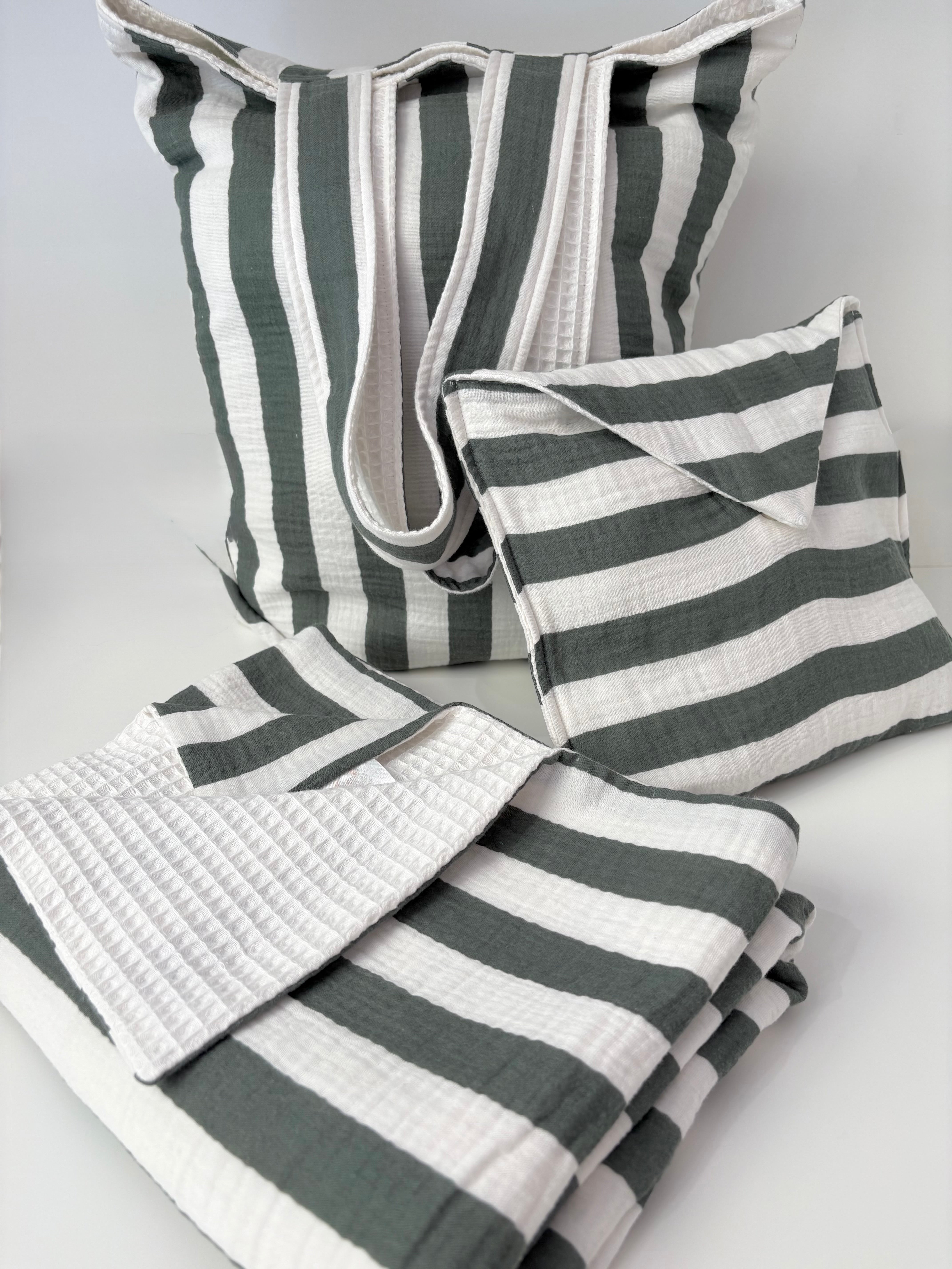 Parure de Plage "Rivage" – Trio en Gaze de Coton Rayée vert
