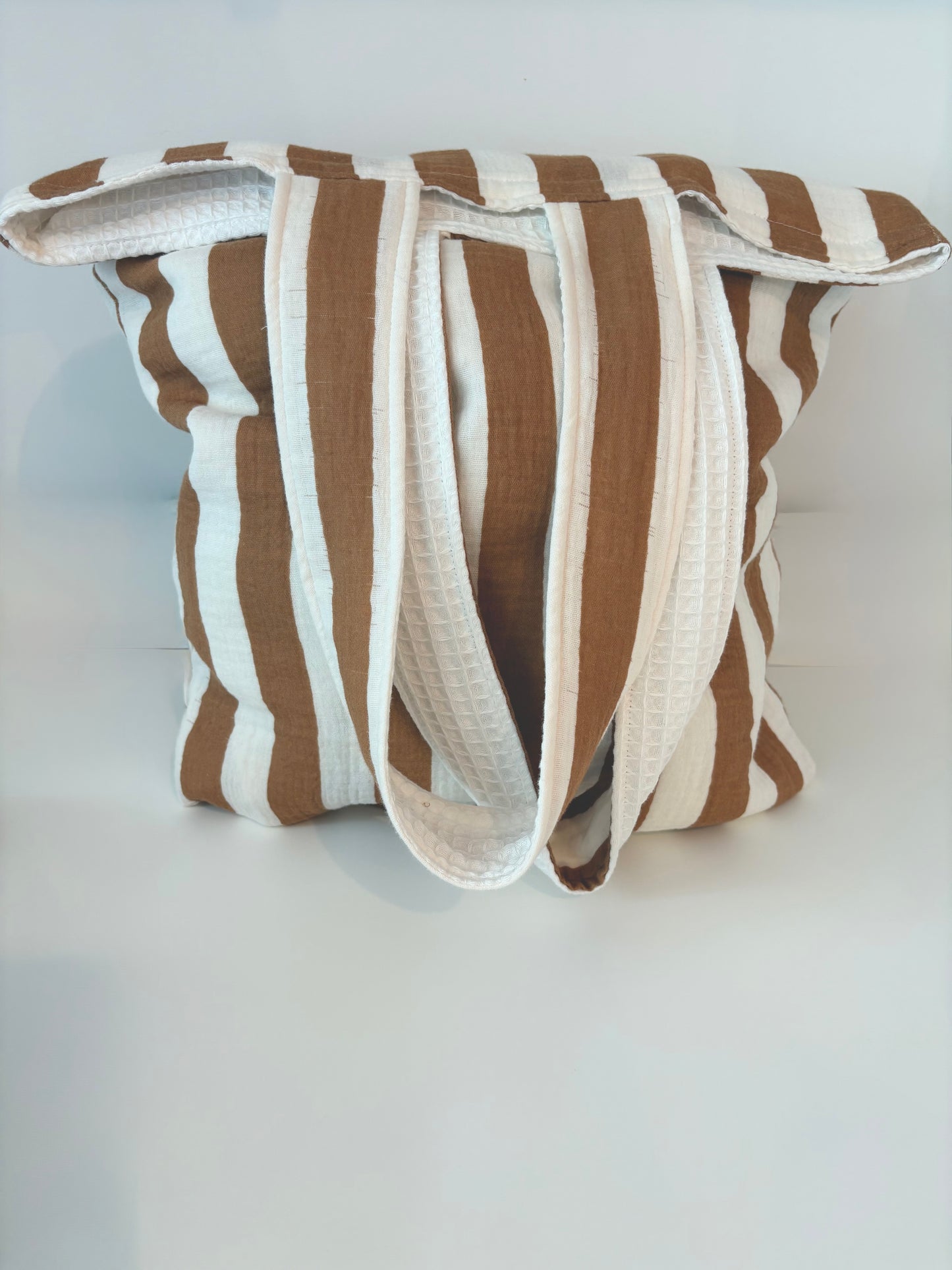 Parure de Plage "Rivage" – Trio en Gaze de Coton Rayée Moka
