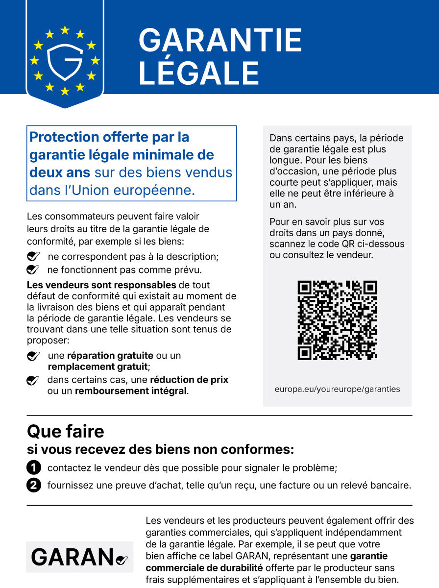 Gesetzliche Gewährleistung: Mindestens zwei Jahre für EU-Waren. Bei Mängeln kostenlose Nachbesserung oder Ersatzlieferung, in manchen Fällen Preisminderung oder Erstattung. Infos: europa.eu/youreurope/garantien