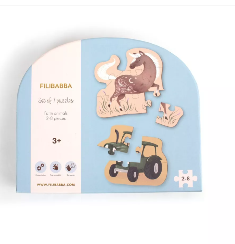 Set de 7 puzzles - Animaux de la ferme Évolution de 2 à 8 pièces – Dès 3 ans | FILIBABBA