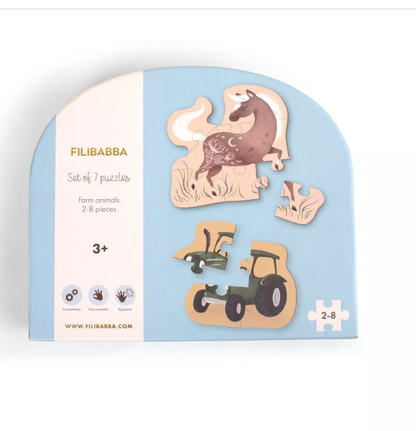 Set de 7 puzzles - Animaux de la ferme Évolution de 2 à 8 pièces – Dès 3 ans | FILIBABBA