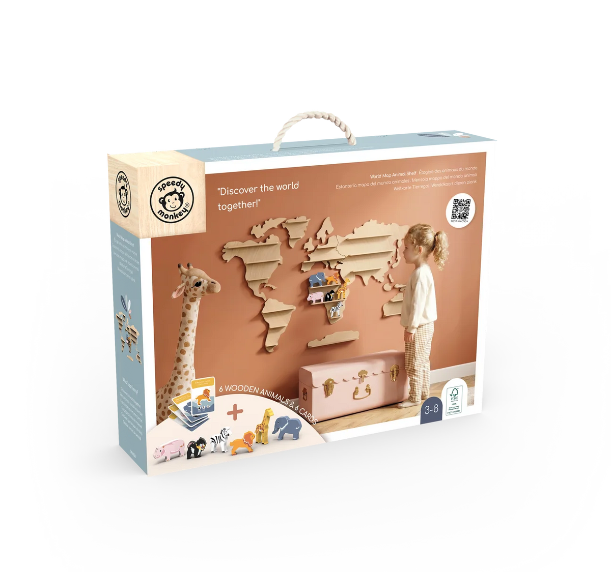Carte du monde étagère avec 6 animaux en bois – Speedy Monkey