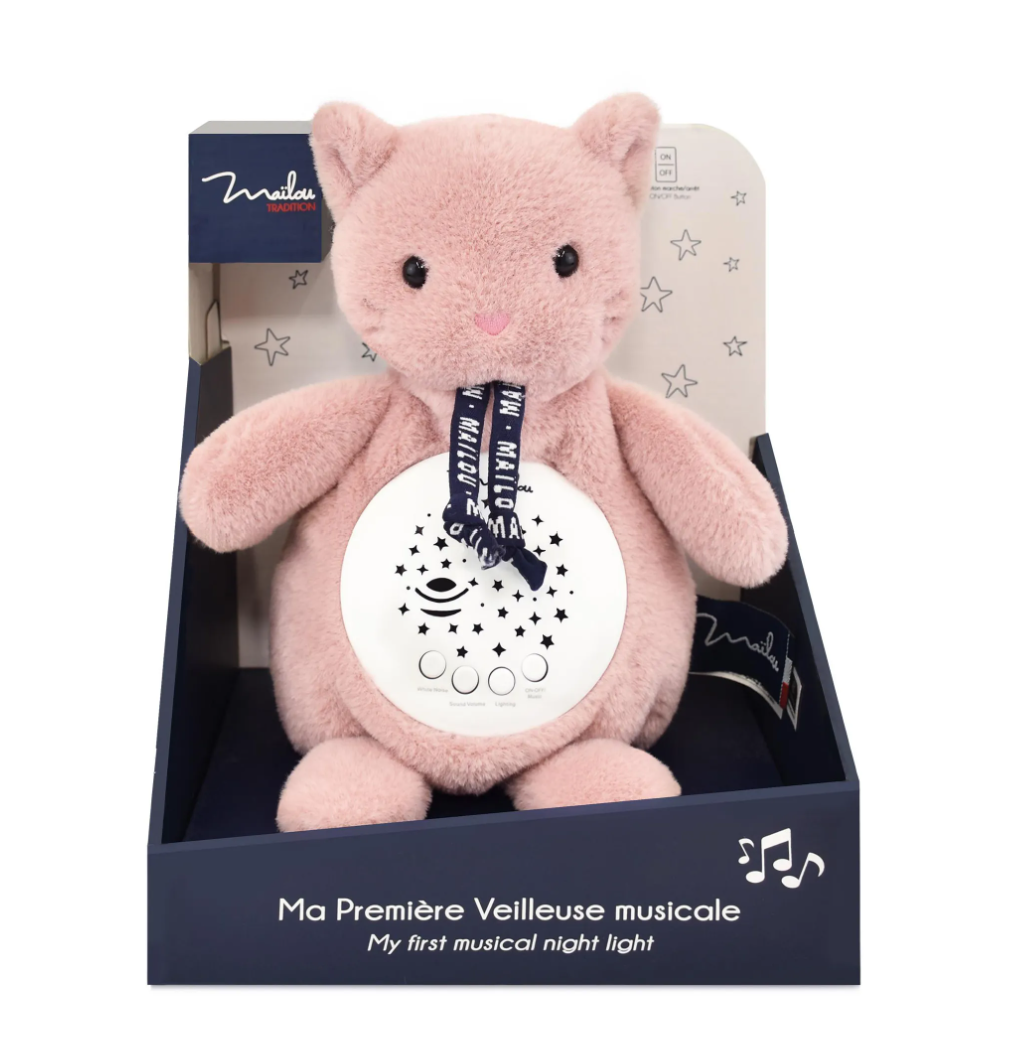 Veilleuse Chat Rose Maïlou – Doudou musical lumineux 19 cm