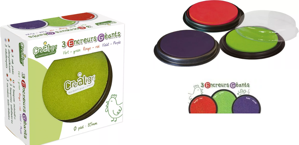 Pack 3 encreurs géants ronds rouge, vert et violet